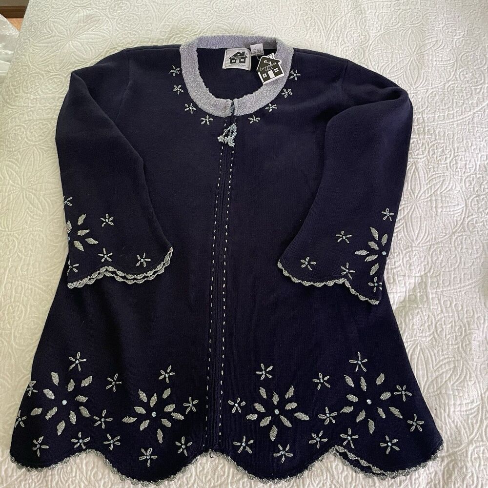 NWT VTG Storybook Knits Navy Blue Women’s Size L Devoted Floral Cardigan